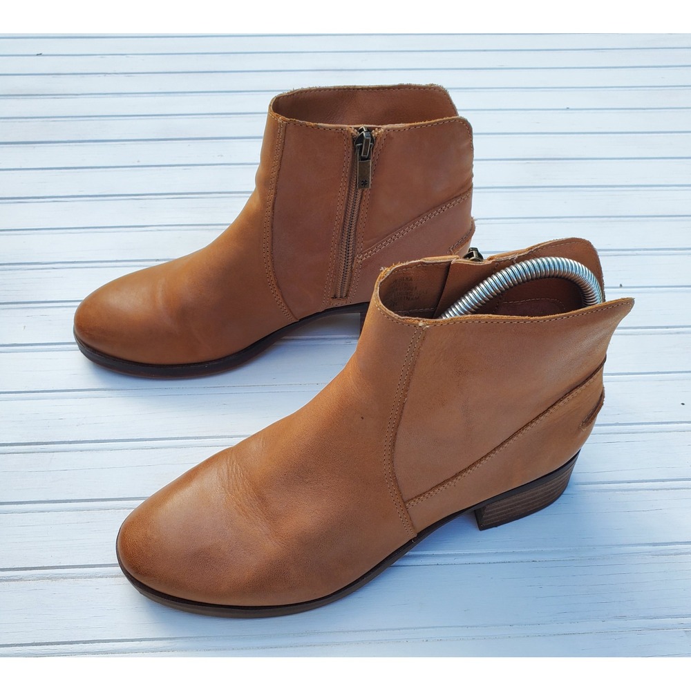 Lucky Brand Pedera Tan Leather Ankle Boots Womens 7M Round Toe Zip Booties